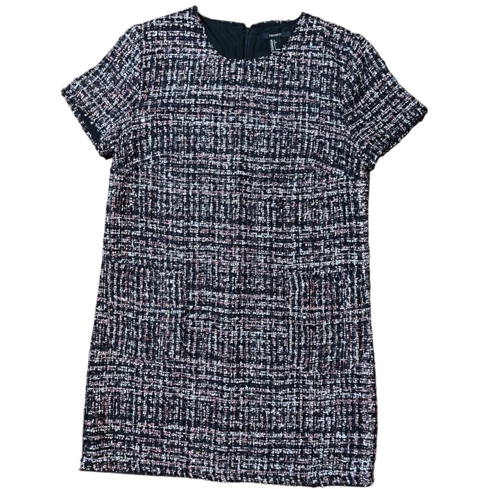 FOREVER 21 Black White Pink Silver Sparkle Woven DRESS sz: L  NWT!